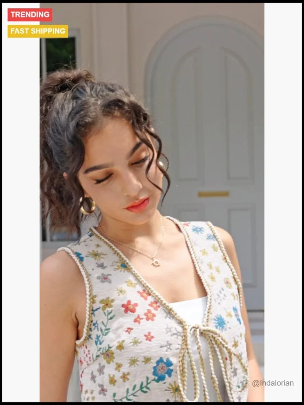 Floral Embroidered Tie Front Crop Vest Top Polyester